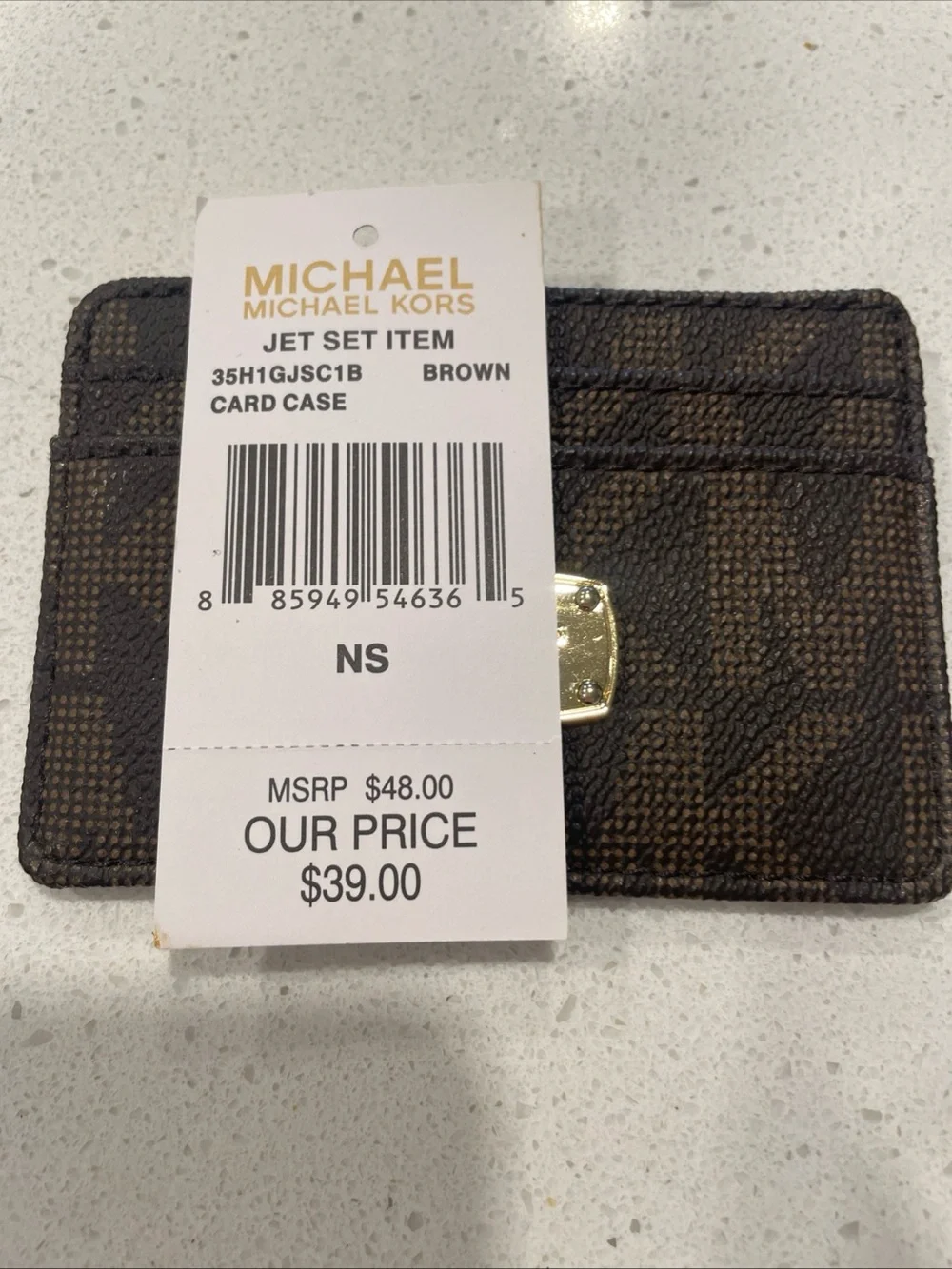 MICHAEL Michael Kors Brown Monogram Card Holder with Gold Plaque